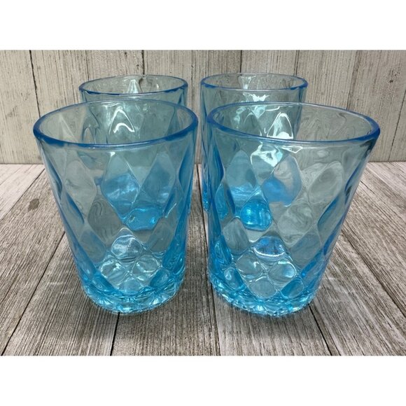 Vtg Drinking Glass Tumblers Aqua Electric Blue Diamond Quilted 3.5" Tall Set 4 - Picture 1 of 7